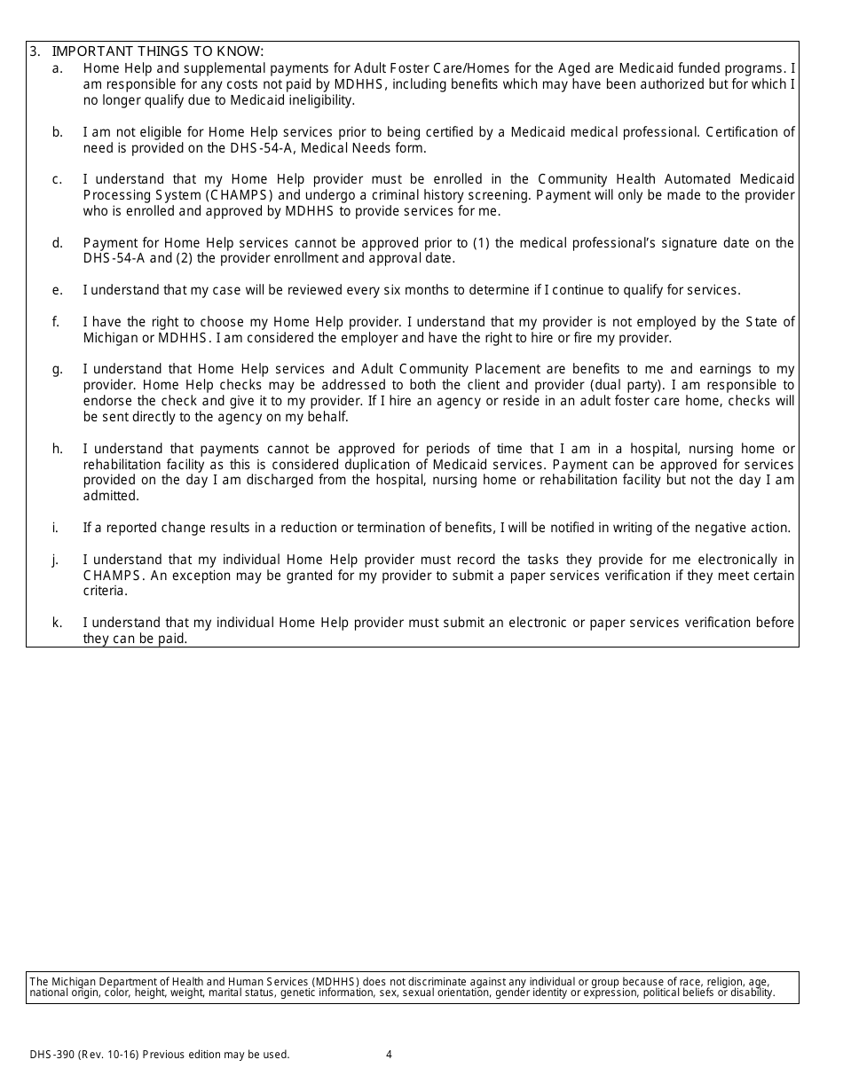 Form DHS-390 Adult Services Application - Michigan, Page 4