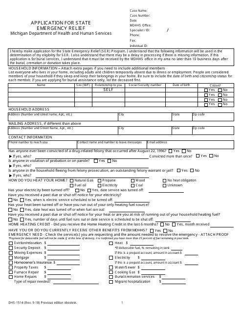 Form DHS-1514 Application for State Emergency Relief - Michigan
