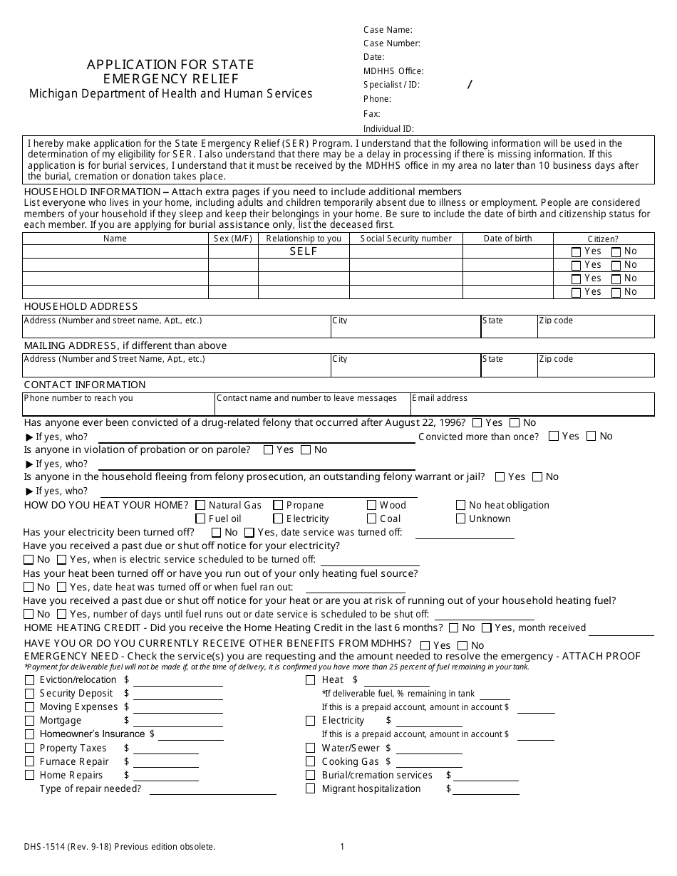 Form DHS-1514 Application for State Emergency Relief - Michigan, Page 1