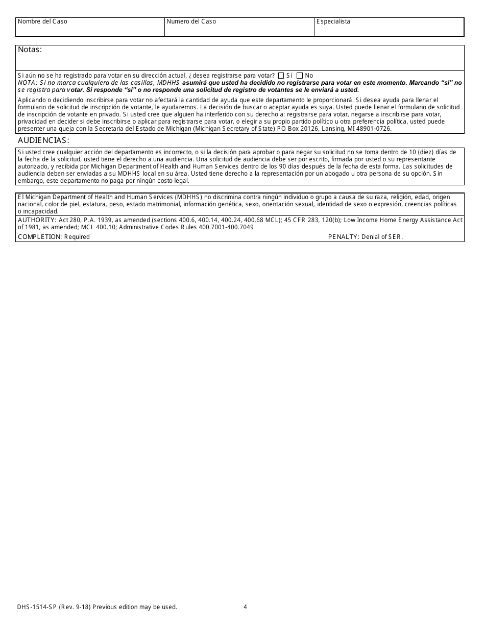 Formulario DHS-1514-SP Solicitud Para Ayuda De Emergencia Del Estado - Michigan (Spanish), Page 4