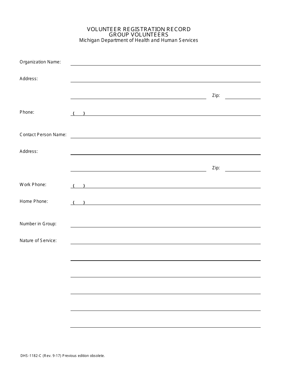 Form DHS-1182-C Download Printable PDF or Fill Online Volunteer Registration  Record - Group Volunteers Michigan | Templateroller