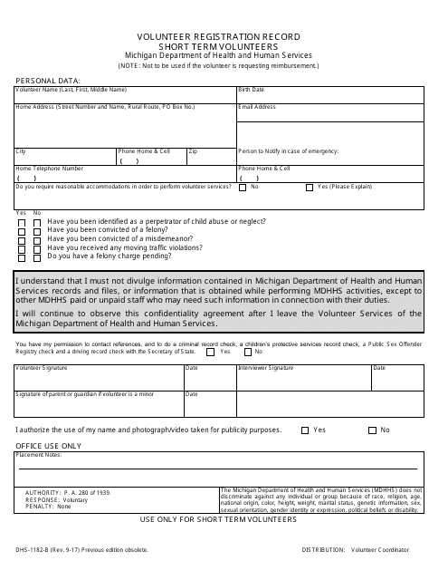 Form DHS-1182-B  Printable Pdf