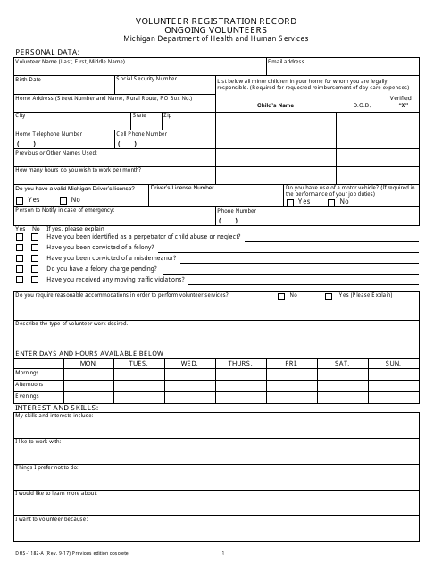 Form DHS-1182-A Volunteer Registration Record Ongoing Volunteers - Michigan
