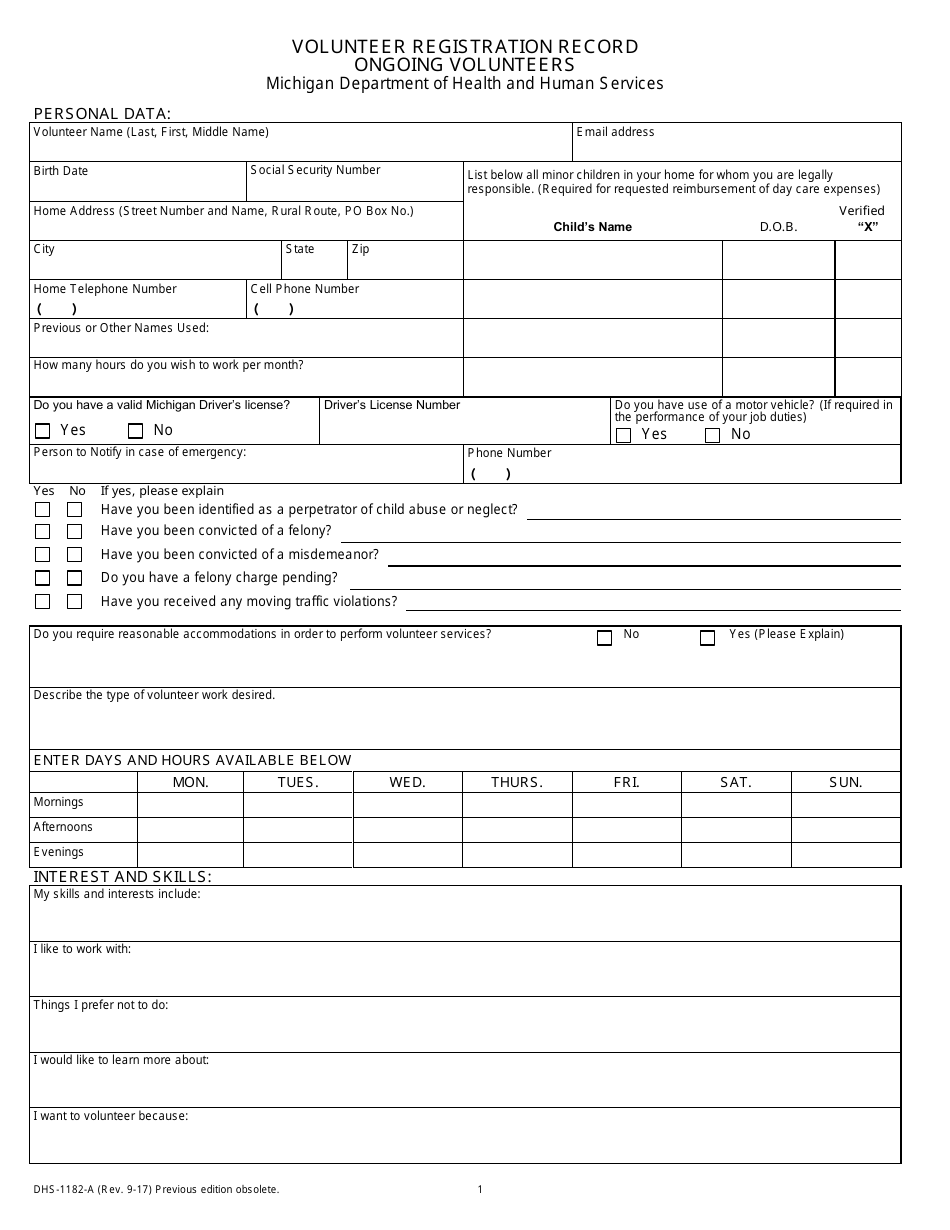 Form DHS-1182-A Volunteer Registration Record Ongoing Volunteers - Michigan, Page 1