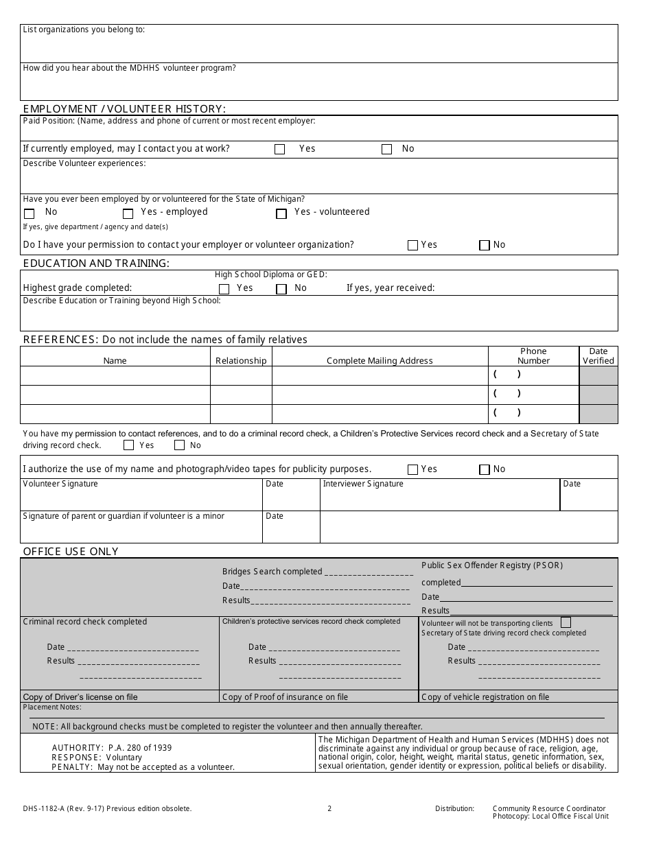 Form DHS-1182-A Download Printable PDF or Fill Online Volunteer ...