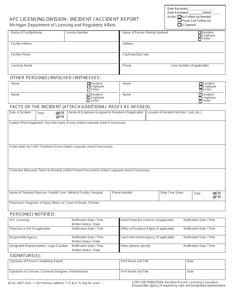Form BCAL-4507 Incident / Accident Report - Michigan, Page 1