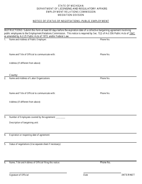 Notice of Status of Negotiations - Public Employment Form - Michigan Download Pdf