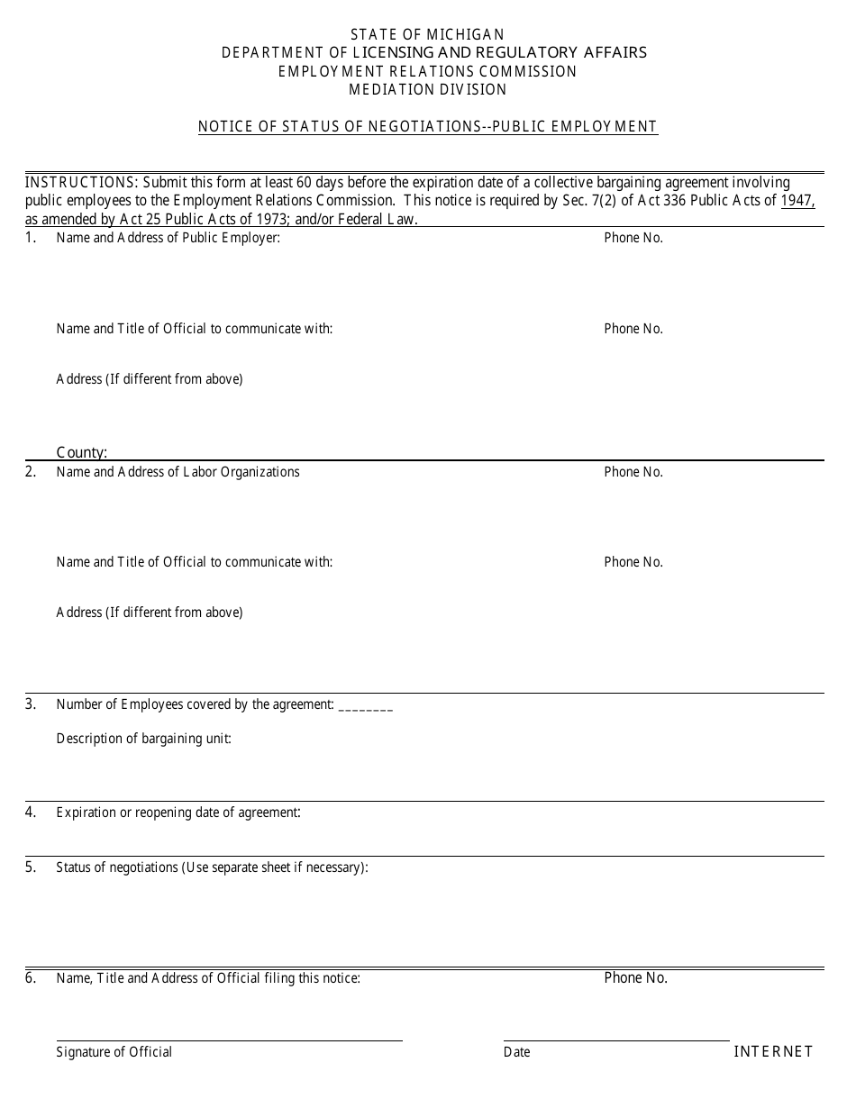 Notice of Status of Negotiations - Public Employment Form - Michigan, Page 1