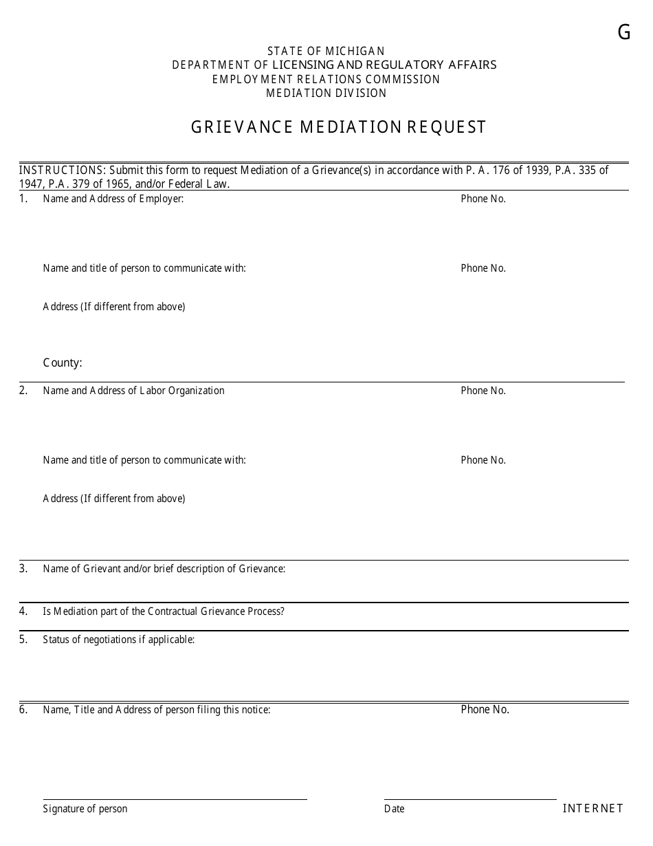 Grievance Mediation Request Form - Michigan, Page 1