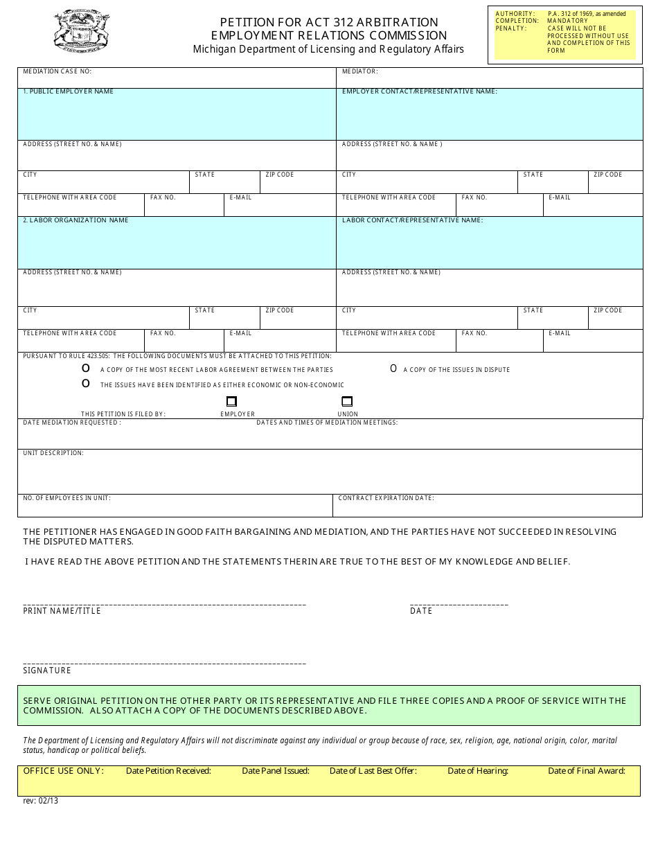 Petition for Act 312 Arbitration Employment Relations Commission - Michigan, Page 1