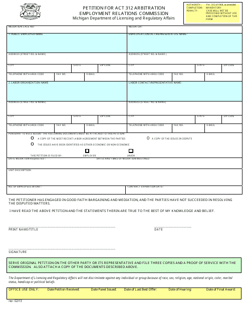 Petition for Act 312 Arbitration Employment Relations Commission - Michigan Download Pdf