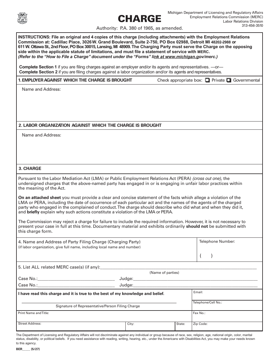 Unfair Labor Practice Charge Form - Michigan, Page 1