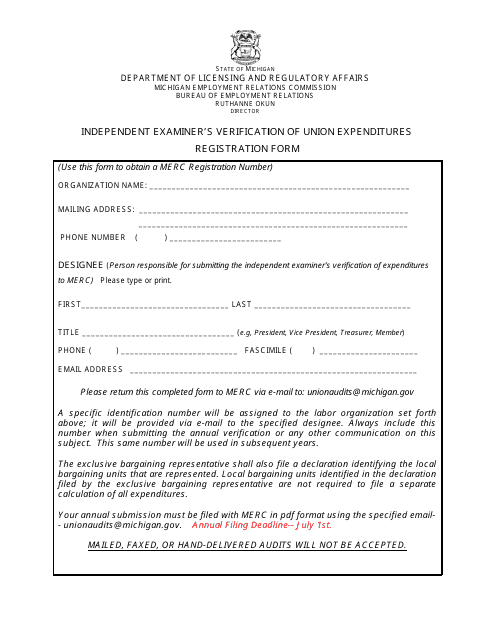 Independent Examiner's Verification of Union Expenditures Registration Form - Michigan Download Pdf
