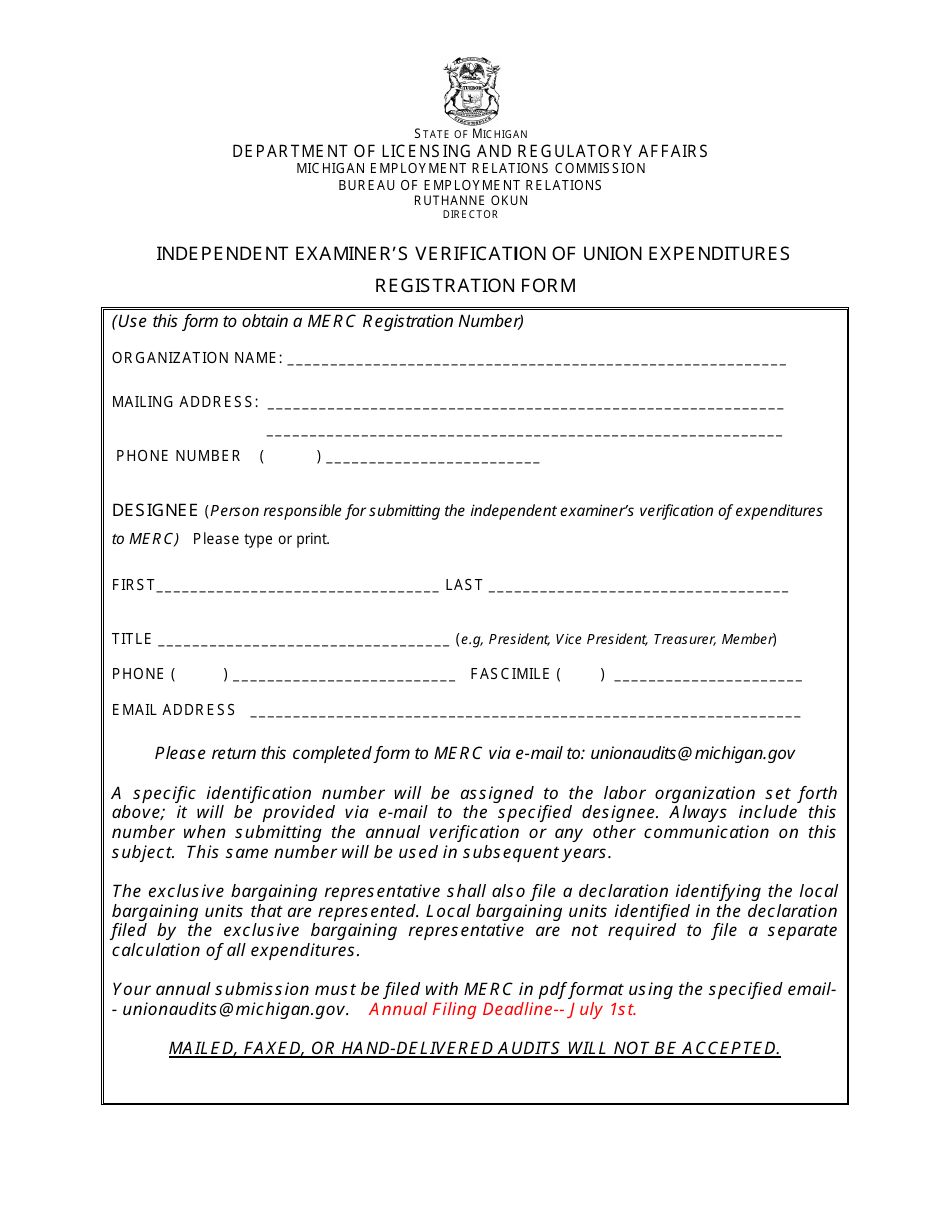 Independent Examiners Verification of Union Expenditures Registration Form - Michigan, Page 1