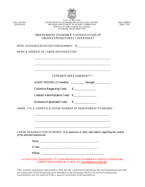 Independent Examiner's Verification of Union Expenditures Coversheet - Michigan Download Pdf