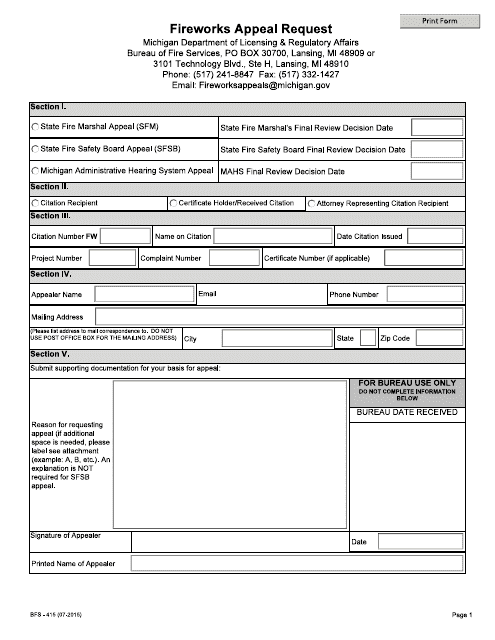 Form BFS-415  Printable Pdf