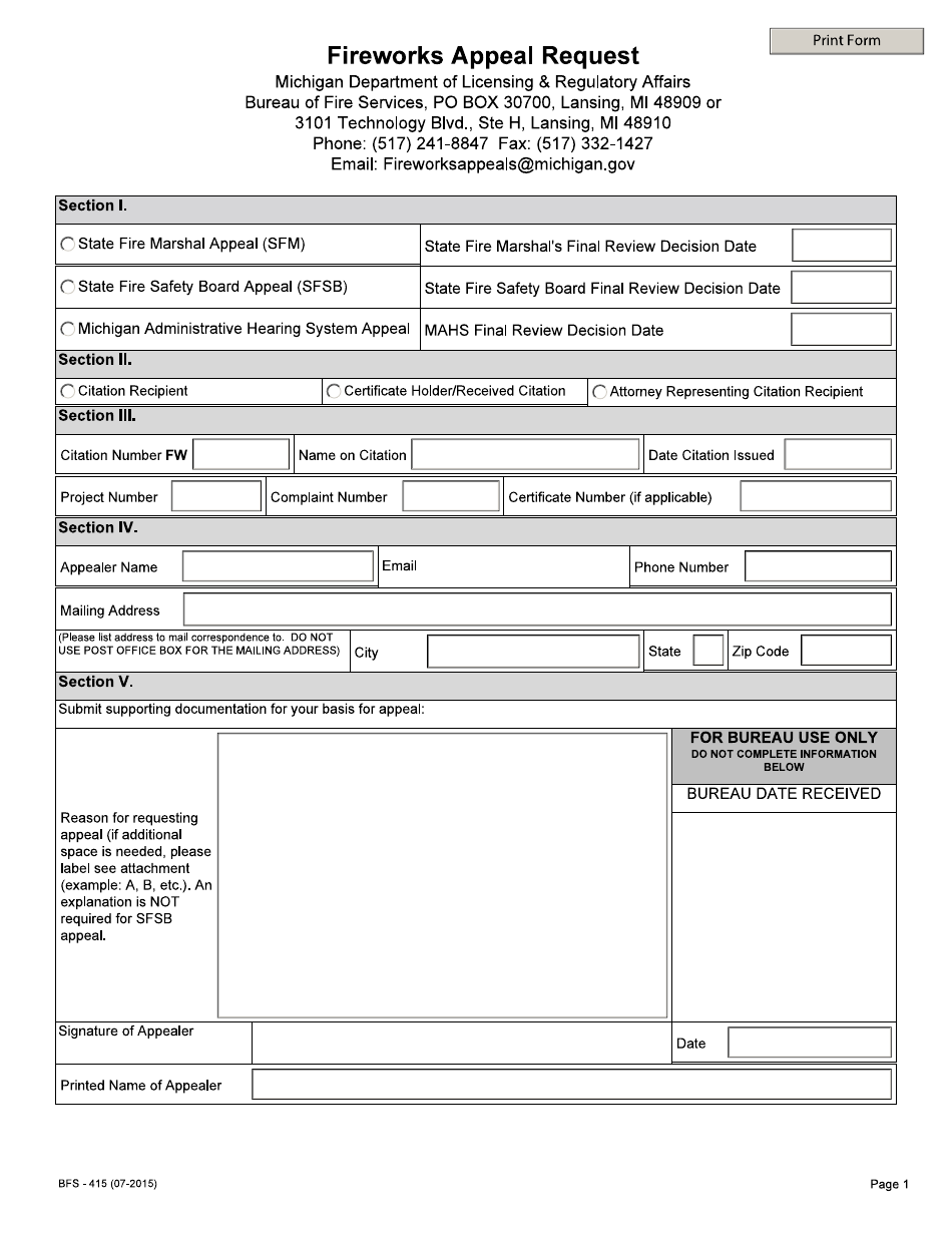 Form BFS-415 Fireworks Appeal Request - Michigan, Page 1