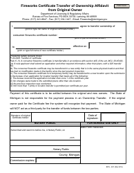 Document preview: Form BFS-401 Fireworks Certificate Transfer of Ownership Affidavit From Original Owner - Michigan