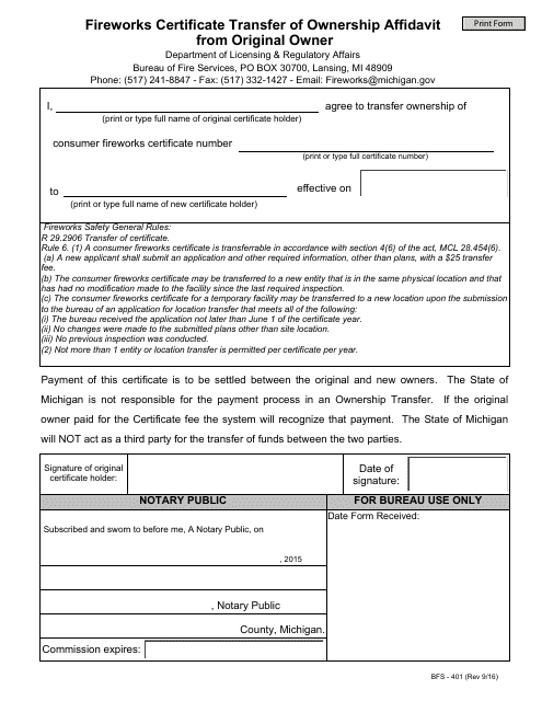 Form BFS-401 Fireworks Certificate Transfer of Ownership Affidavit From Original Owner - Michigan