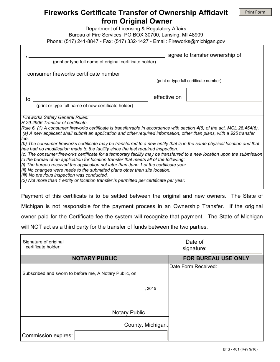 Form BFS-401 Fireworks Certificate Transfer of Ownership Affidavit From Original Owner - Michigan, Page 1