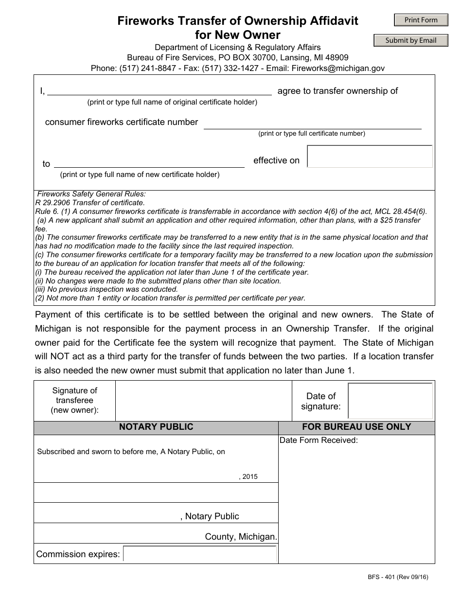 Form BFS-401 Fireworks Transfer of Ownership Affidavit for New Owner - Michigan, Page 1