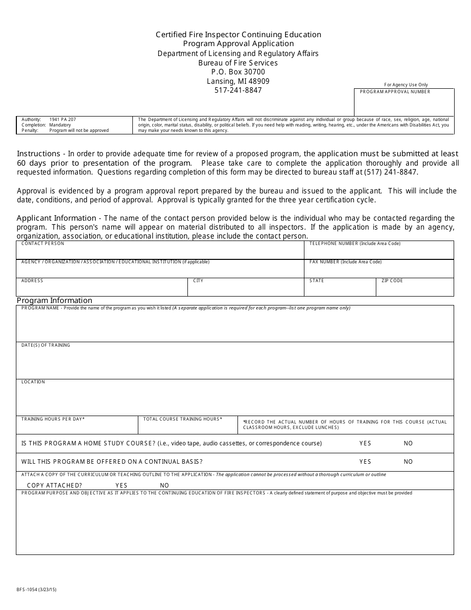Form BFS-1054 Certified Fire Inspector Continuing Education Program Approval Application - Michigan, Page 1
