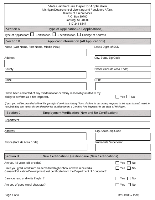 Form BFS-997 State Certified Fire Inspector Application - Michigan