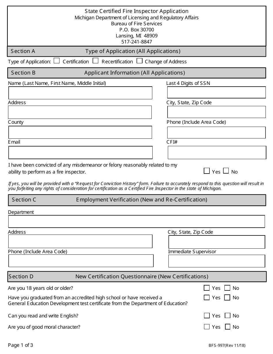 Form BFS-997 State Certified Fire Inspector Application - Michigan, Page 1
