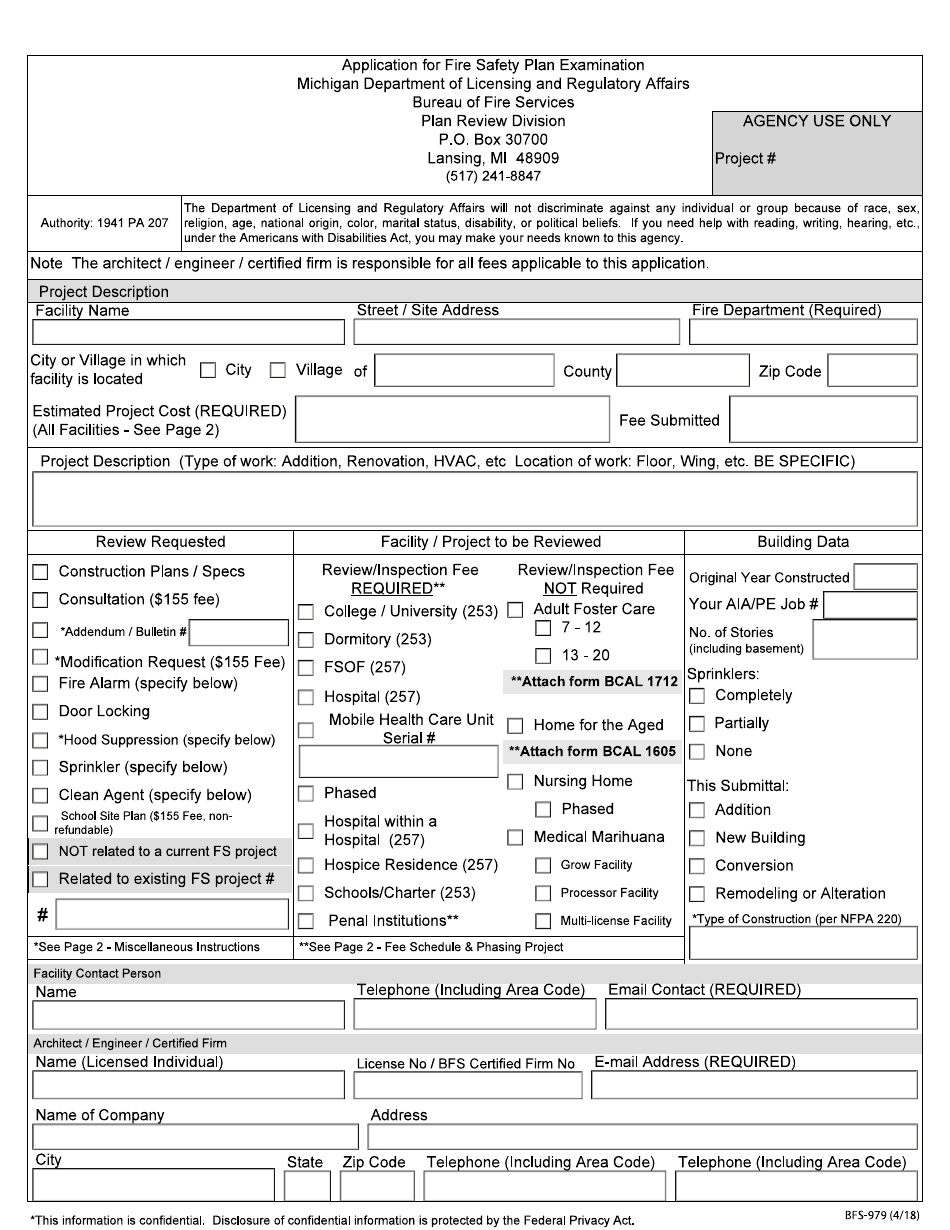 Form BFS-979 Application for Fire Safety Plan Examination - Michigan, Page 1