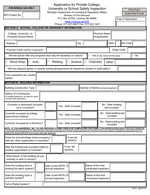 Form BFS-980 Application for Private College, University or School Safety Inspection - Michigan