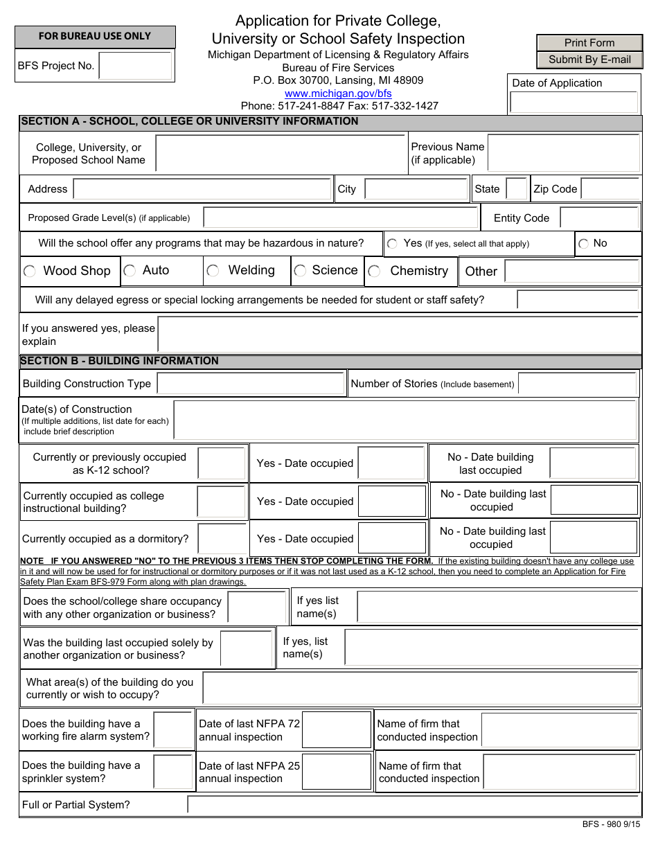 Form BFS-980 Application for Private College, University or School Safety Inspection - Michigan, Page 1