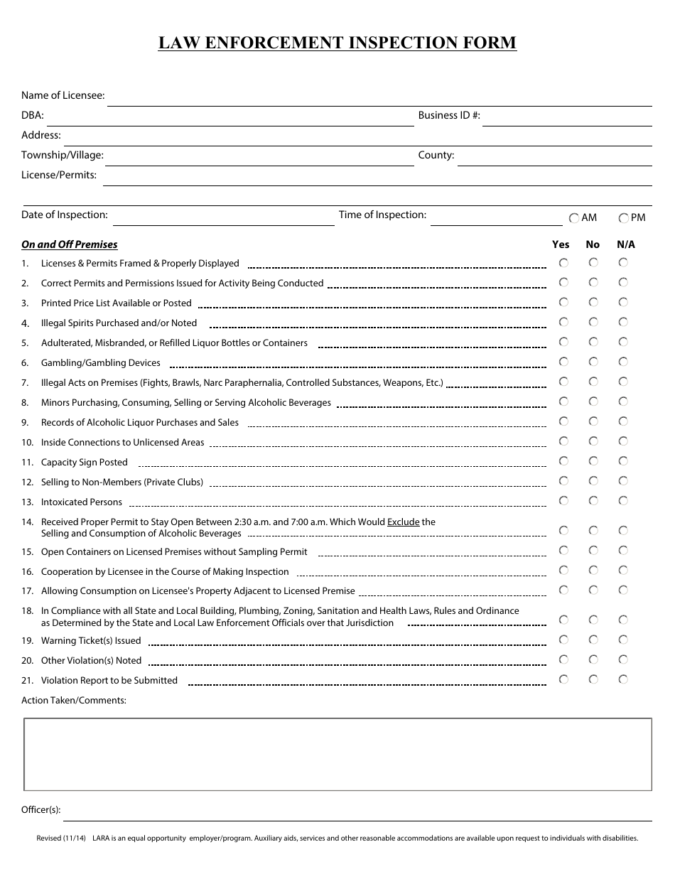 Law Enforcement Inspection Form - Michigan, Page 1