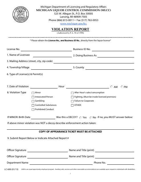 Form LC-600 Violation Report - Michigan