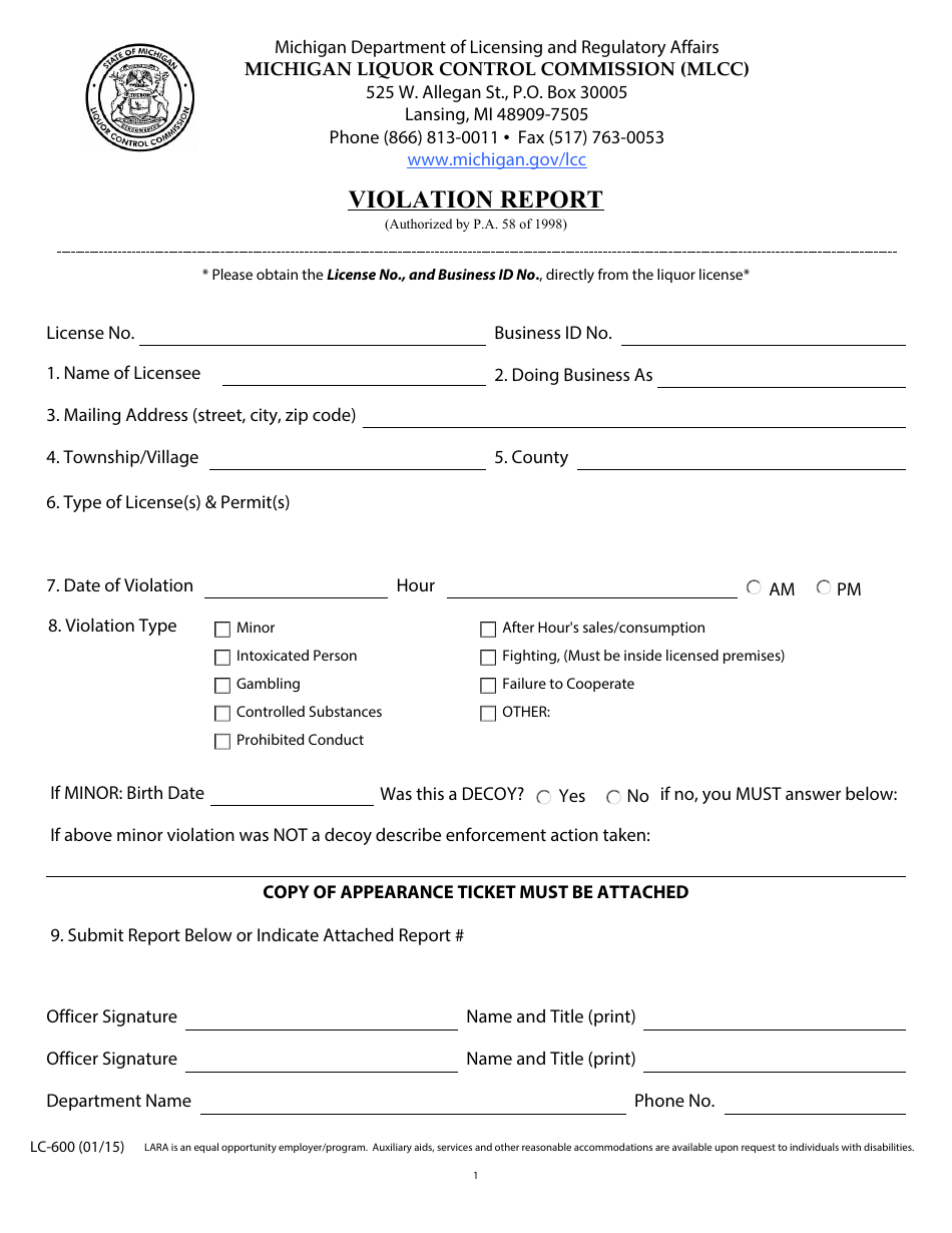 Form LC-600 Violation Report - Michigan, Page 1
