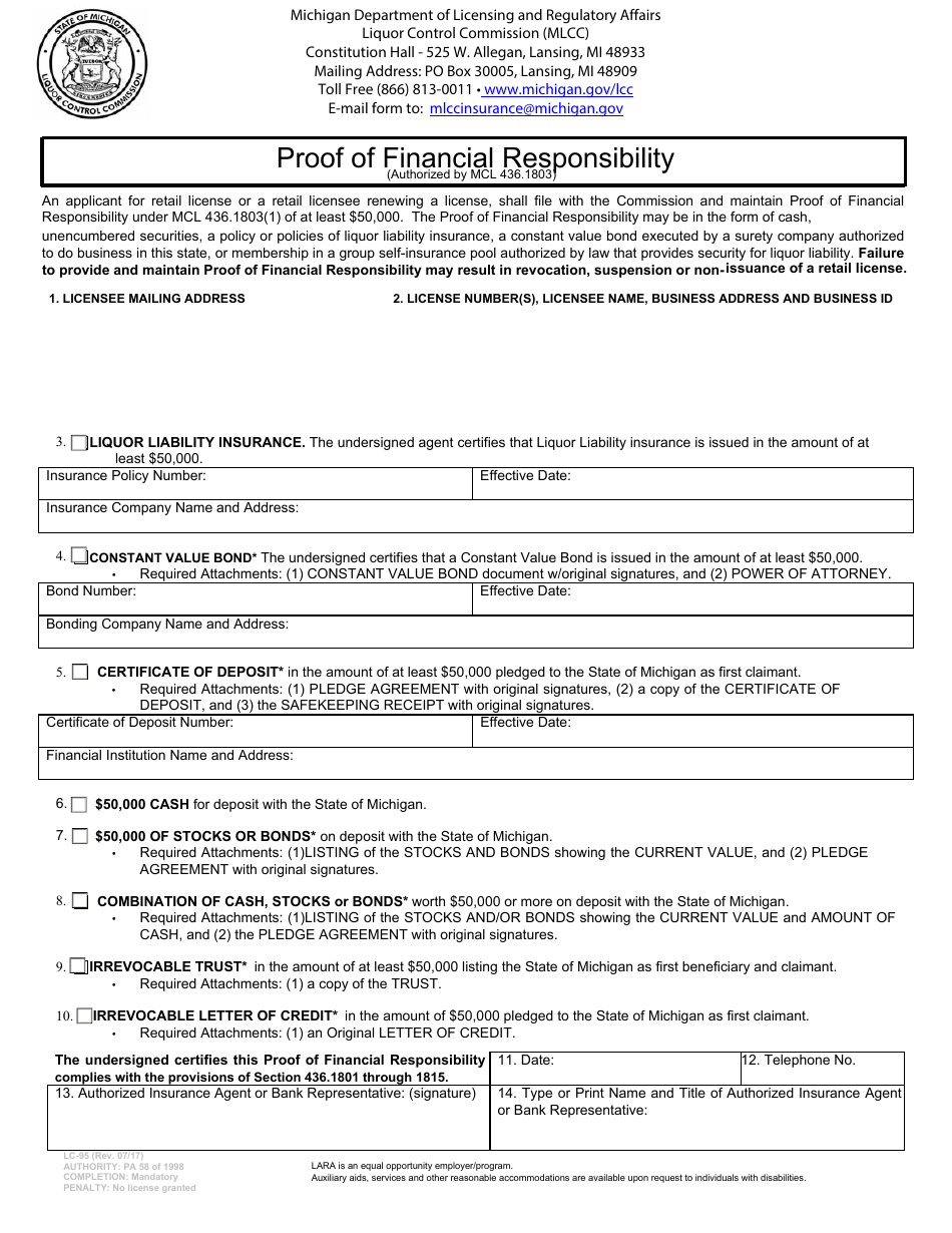 Form LC-95 Proof of Financial Responsibility - Michigan, Page 3