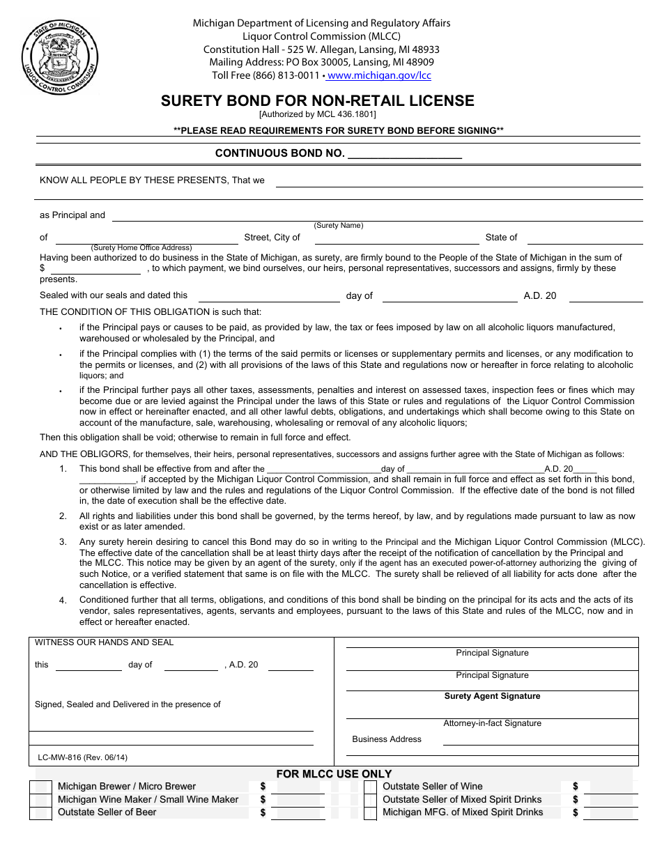 Form LC-MW-816 Surety Bond for Non-retail License - Michigan, Page 1