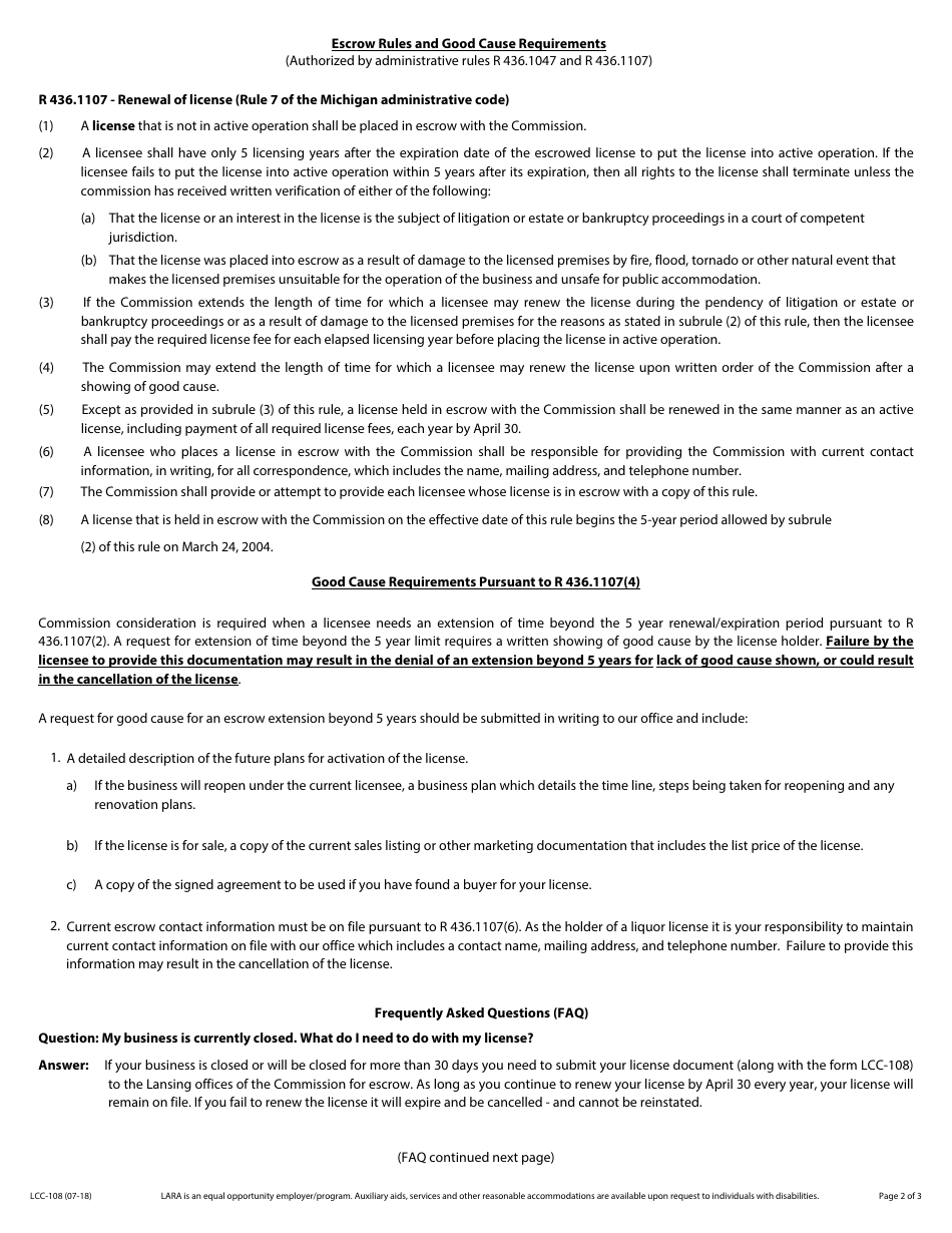 Form LCC-108 Request to Place License in Escrow - Michigan, Page 2