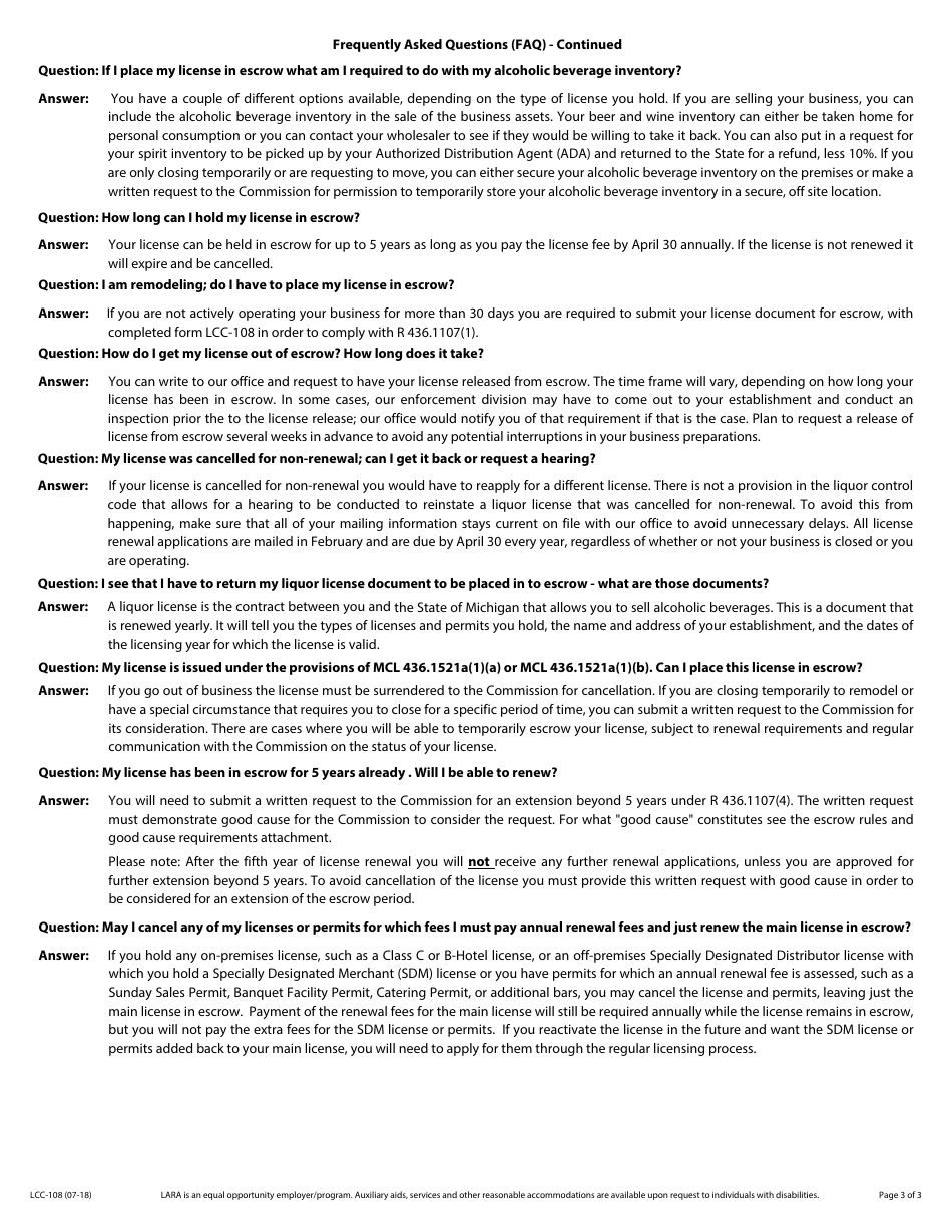 Form LCC-108 Request to Place License in Escrow - Michigan, Page 3