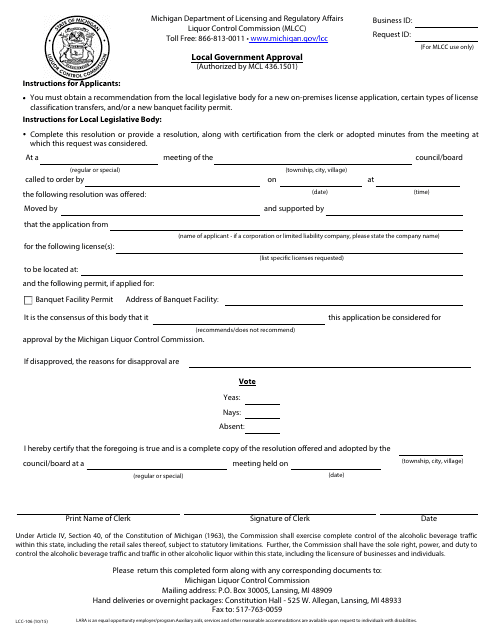 Form LCC-106 Local Government Approval - Michigan