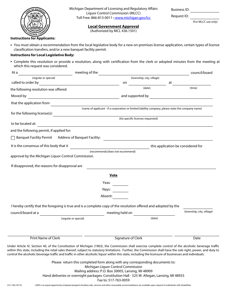 Form LCC-106 Local Government Approval - Michigan, Page 1