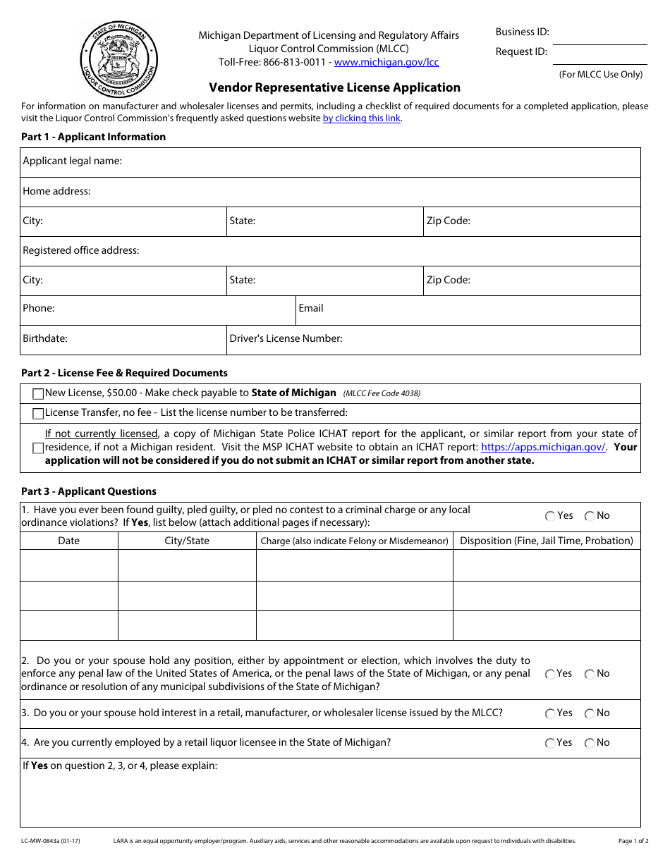 Form LC-MW-0843A Vendor Representative License Application - Michigan, Page 1