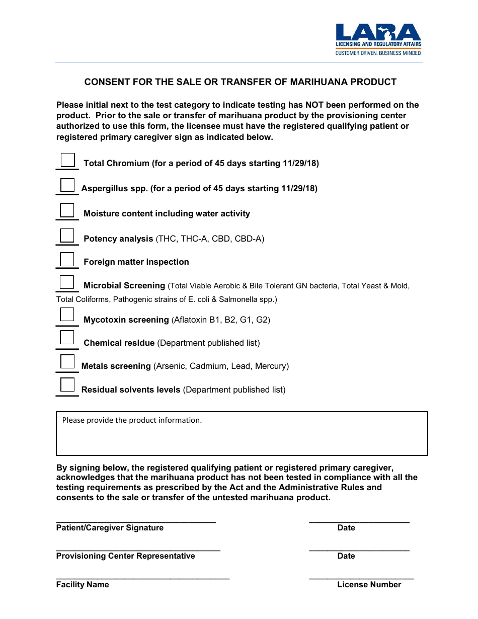 Consent for the Sale or Transfer of Marihuana Product - Michigan, Page 1