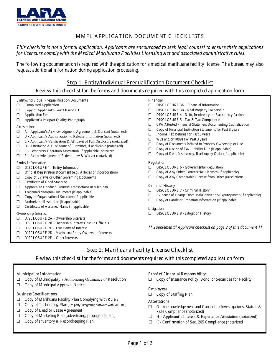 Mmfl Application Document Checklists - Michigan, Page 1
