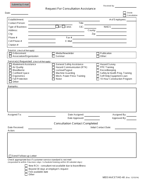 Form MIOSHA/CET/HO-48 Request for Consultation Assistance - Michigan