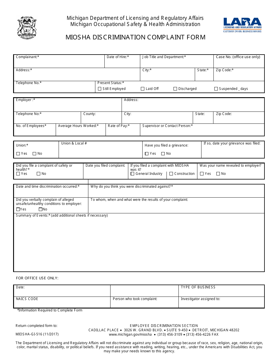 Form MIOSHA-GI-516 Miosha Discrimination Complaint Form - Michigan, Page 1