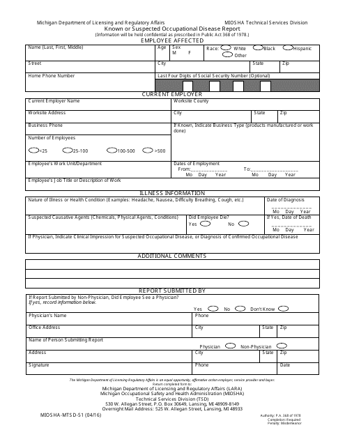 Form MIOSHA-MTSD-51 Known or Suspected Occupational Disease Report - Michigan