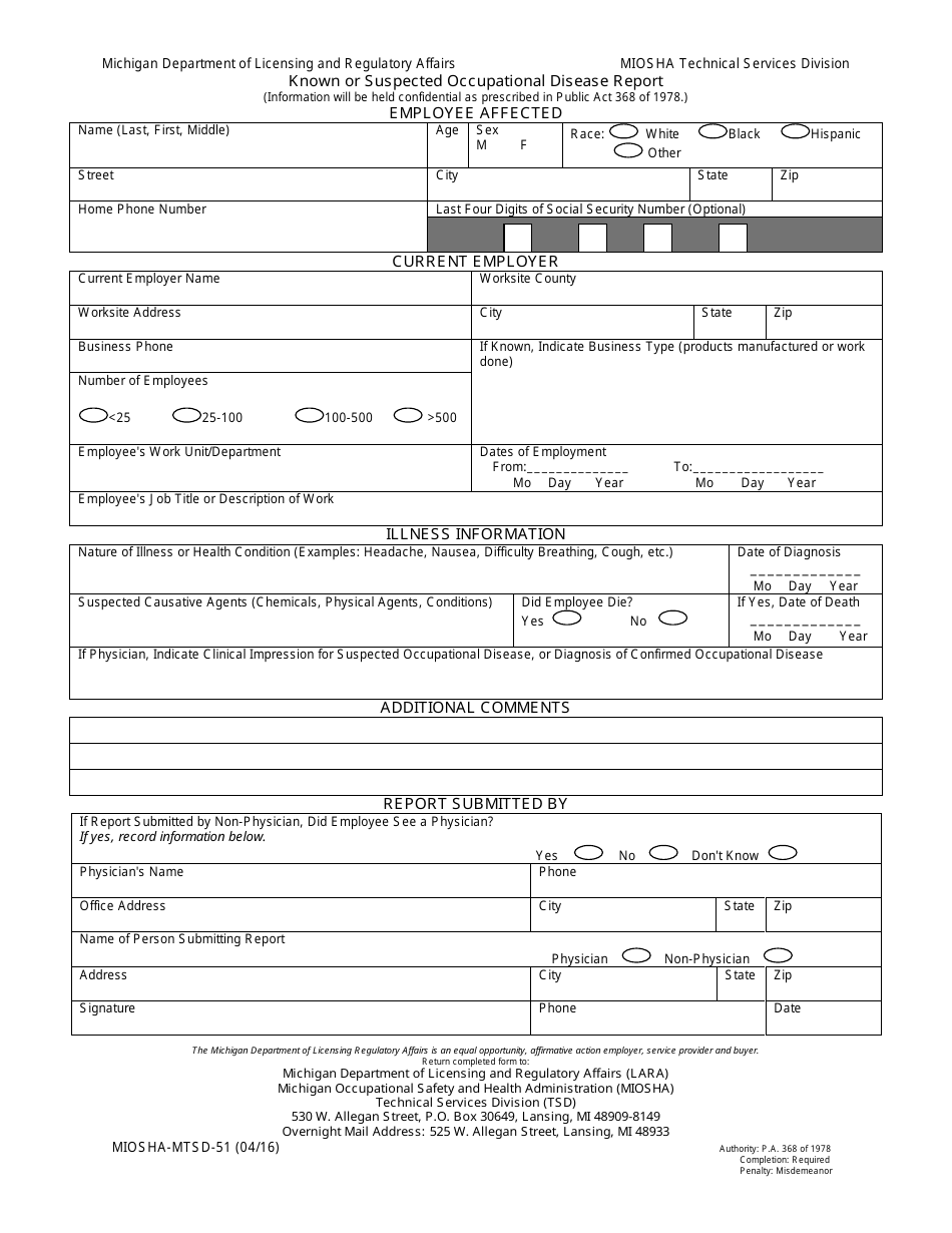 Form MIOSHA-MTSD-51 Known or Suspected Occupational Disease Report - Michigan, Page 1