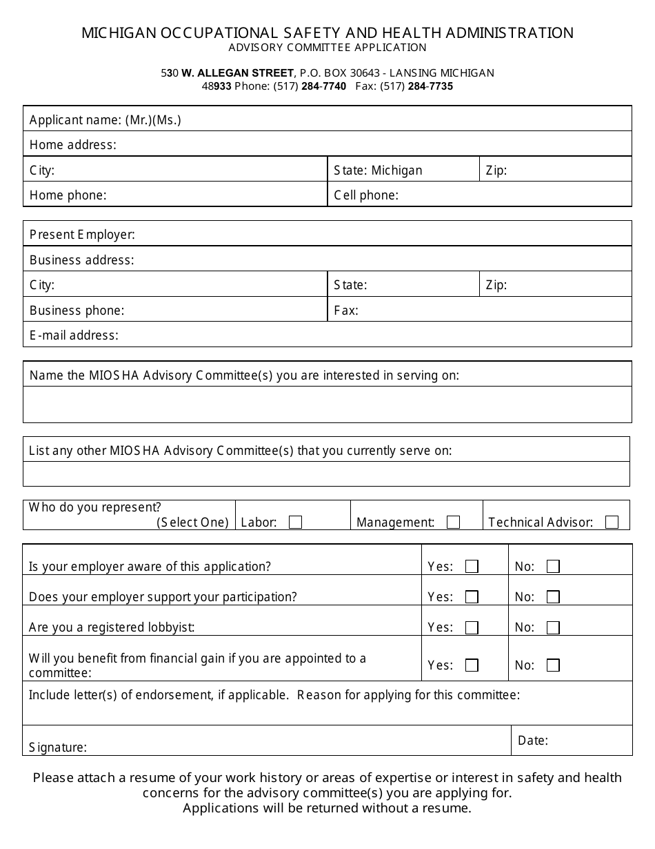 Miosha Advisory Committee Application Form - Michigan, Page 1