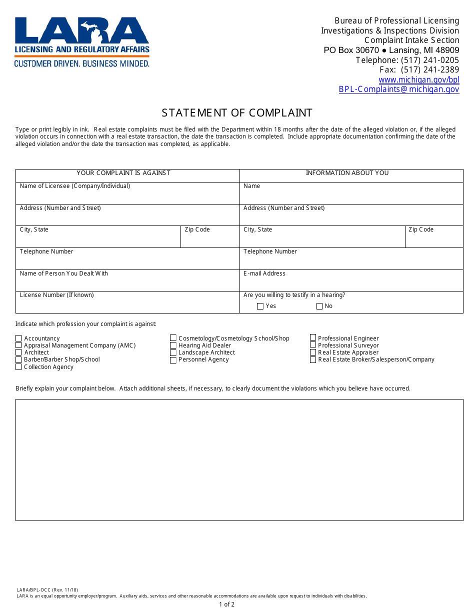 Form LARA / BPL-OCC Statement of Complaint - Michigan, Page 1