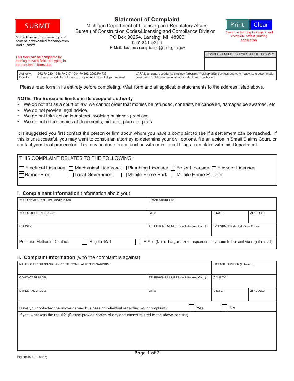 Form BCC-3015 Statement of Complaint - Michigan, Page 2